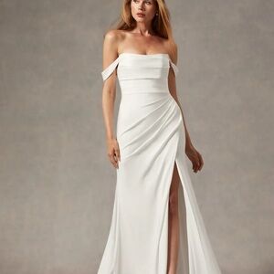 Azazie Cream Asymmetrical Ruched Strapless Gown